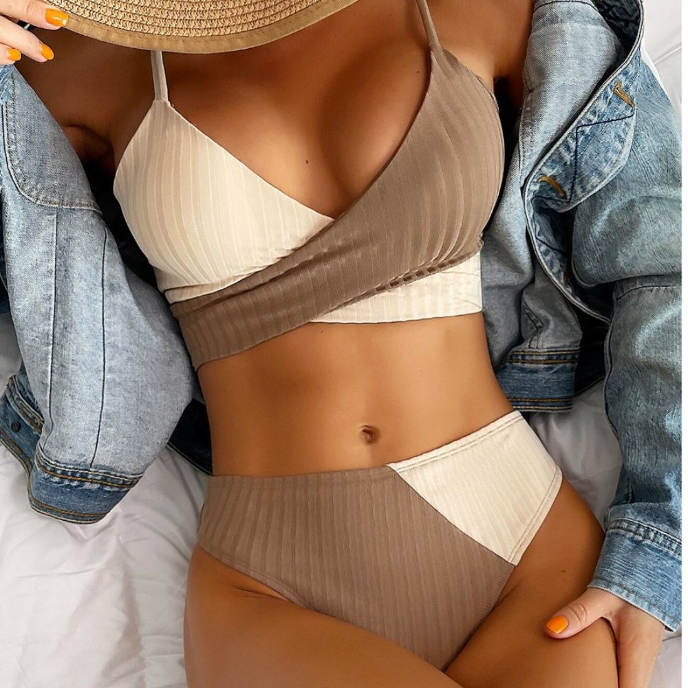 Color Block Wrap 2pc Bikini Swimsuit Bathing Suit